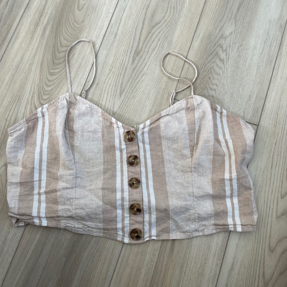 Express Crop‎ Top Striped Button Front Sleeveless Tan White XL